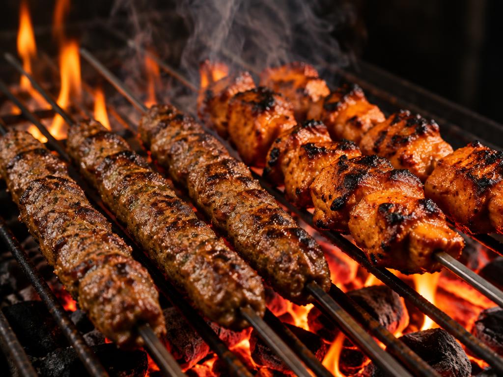 Seekh kababs and tikka grilling over charcoal