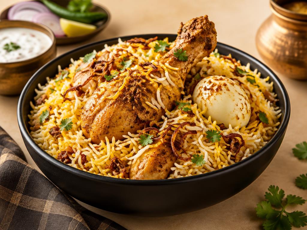 Chicken biryani in a black bowl