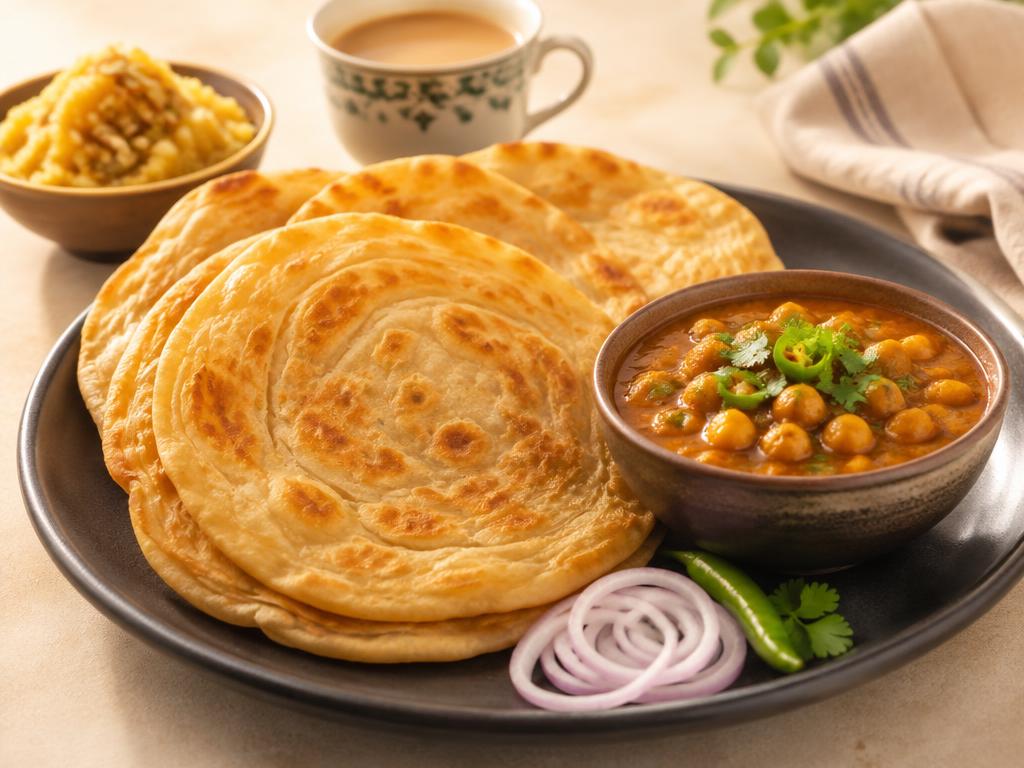 Halwa puri breakfast with parathas and chana