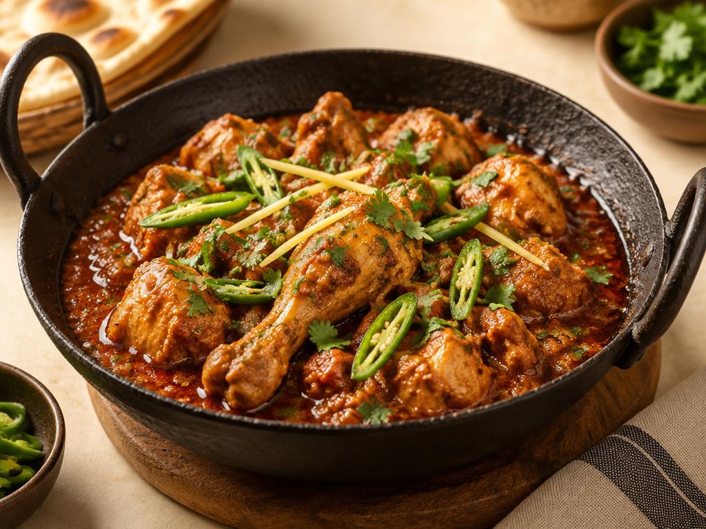 Chicken karahi in a black iron bowl