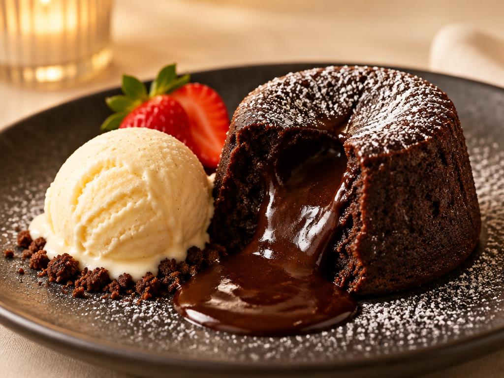 Molten lava cake with vanilla ice cream