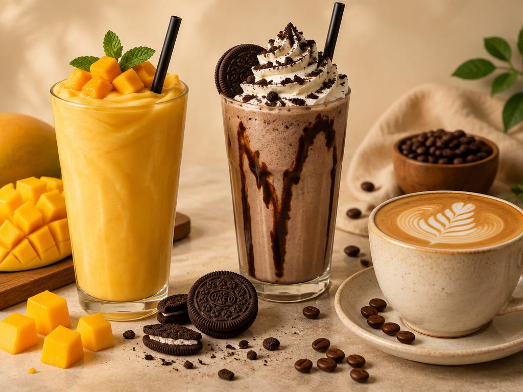 Mango shake, oreo shake and coffee