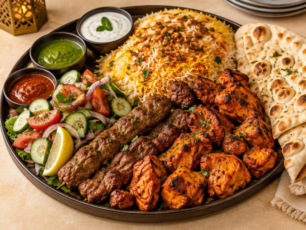 Mixed BBQ platter with rice, salad and naan